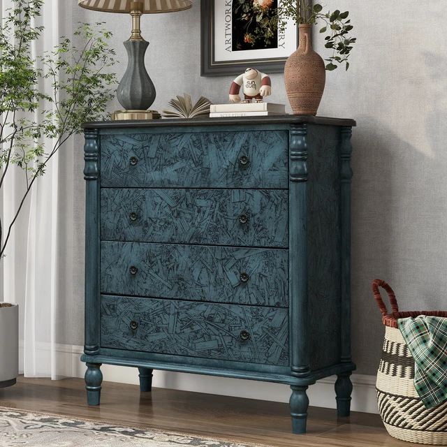 Alt view image 2 of 7 - Farmhouse Chest of Drawers for Bedroom, 32'' Tall Dresser for Closet, Rustic Wood Dressers with 4 Solid Wood Feet for Bedroom, Hallway, Entryway, Navy Blue