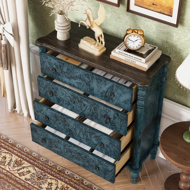 Alt view image 4 of 7 - Farmhouse Chest of Drawers for Bedroom, 32'' Tall Dresser for Closet, Rustic Wood Dressers with 4 Solid Wood Feet for Bedroom, Hallway, Entryway, Navy Blue