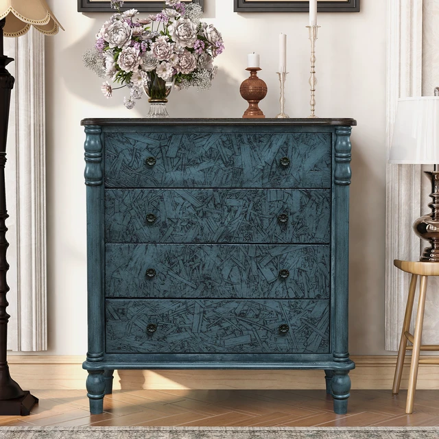 Alt view image 3 of 7 - Farmhouse Chest of Drawers for Bedroom, 32'' Tall Dresser for Closet, Rustic Wood Dressers with 4 Solid Wood Feet for Bedroom, Hallway, Entryway, Navy Blue