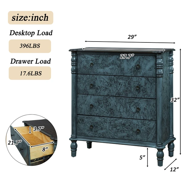Alt view image 5 of 7 - Farmhouse Chest of Drawers for Bedroom, 32'' Tall Dresser for Closet, Rustic Wood Dressers with 4 Solid Wood Feet for Bedroom, Hallway, Entryway, Navy Blue