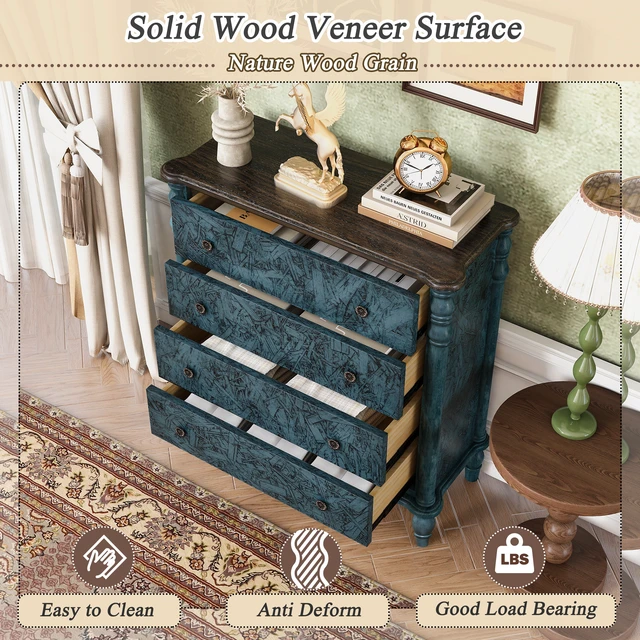 Alt view image 6 of 7 - Farmhouse Chest of Drawers for Bedroom, 32'' Tall Dresser for Closet, Rustic Wood Dressers with 4 Solid Wood Feet for Bedroom, Hallway, Entryway, Navy Blue