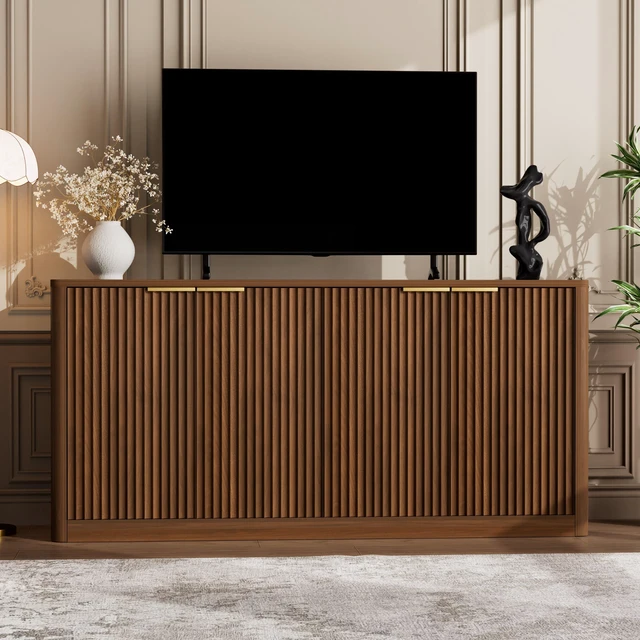 Main image of 59-inch modern wavy sideboard, curved contour design storage cabinet, 4-door cabinet with storage function, suitable for kitchen/bedroom/living room, Walnut, 59.0"L x 15.7"W x 27.7"H