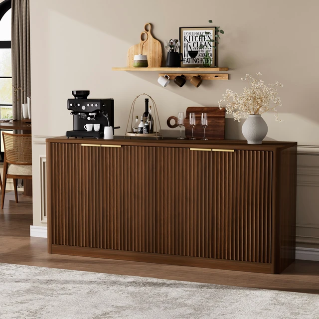 Alt view image 3 of 7 - 59-inch modern wavy sideboard, curved contour design storage cabinet, 4-door cabinet with storage function, suitable for kitchen/bedroom/living room, Walnut, 59.0"L x 15.7"W x 27.7"H