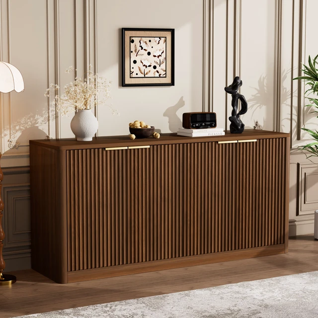Alt view image 2 of 7 - 59-inch modern wavy sideboard, curved contour design storage cabinet, 4-door cabinet with storage function, suitable for kitchen/bedroom/living room, Walnut, 59.0"L x 15.7"W x 27.7"H