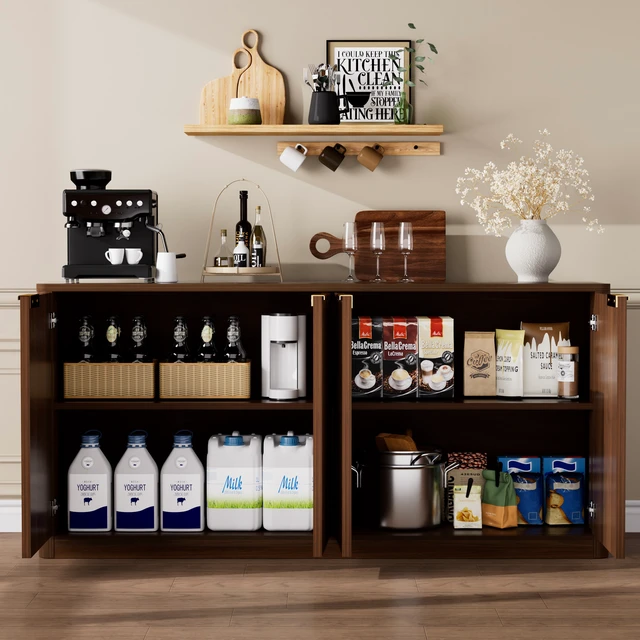 Alt view image 5 of 7 - 59-inch modern wavy sideboard, curved contour design storage cabinet, 4-door cabinet with storage function, suitable for kitchen/bedroom/living room, Walnut, 59.0"L x 15.7"W x 27.7"H