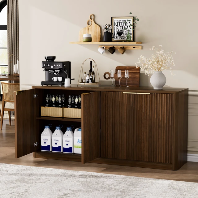 Alt view image 4 of 7 - 59-inch modern wavy sideboard, curved contour design storage cabinet, 4-door cabinet with storage function, suitable for kitchen/bedroom/living room, Walnut, 59.0"L x 15.7"W x 27.7"H