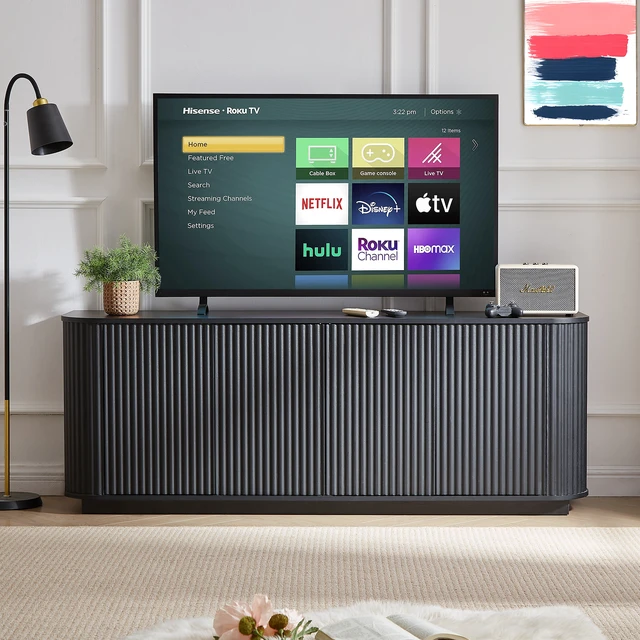 Alt view image 3 of 7 - Sideboard Storage Cabinet TV Stand with wave pattern Buffet Cabinet Wooden Vertical Striped Cabinet for Kitchen/Bedroom/Entryway. Black, 64''W x 15''D x 24''H.
