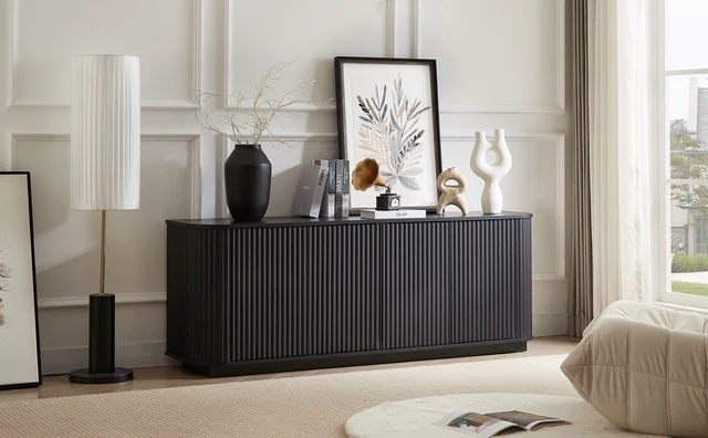 Alt view image 4 of 7 - Sideboard Storage Cabinet TV Stand with wave pattern Buffet Cabinet Wooden Vertical Striped Cabinet for Kitchen/Bedroom/Entryway. Black, 64''W x 15''D x 24''H.