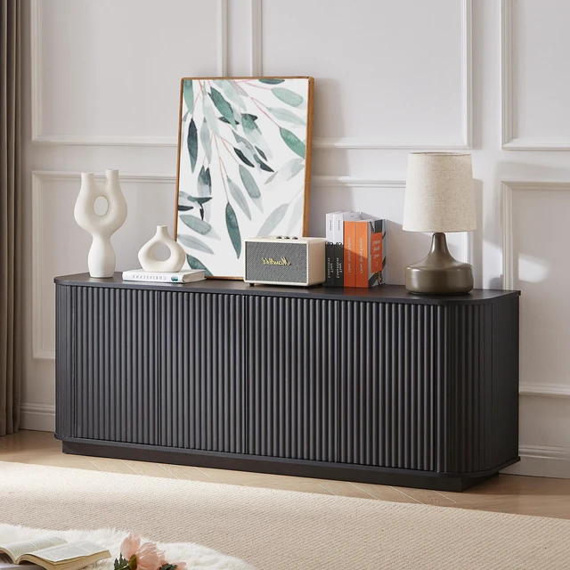Main image of Sideboard Storage Cabinet TV Stand with wave pattern Buffet Cabinet Wooden Vertical Striped Cabinet for Kitchen/Bedroom/Entryway. Black, 64''W x 15''D x 24''H.