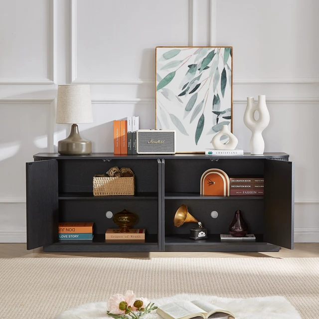 Alt view image 2 of 7 - Sideboard Storage Cabinet TV Stand with wave pattern Buffet Cabinet Wooden Vertical Striped Cabinet for Kitchen/Bedroom/Entryway. Black, 64''W x 15''D x 24''H.