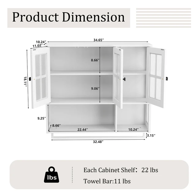 Alt view image 5 of 7 - Bathroom Wall Cabinet, 3-Door Wooden Wall Cabinet with Open and Hidden Storage Space, Medicine Cabinet with Glass Door and Towel Bar for Entryway Living Room Bathroom Dining Room,White