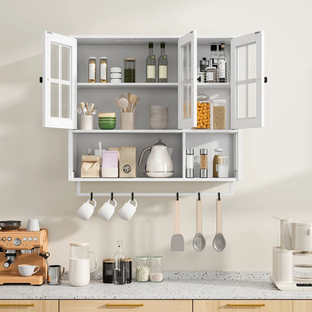 Alt view image 4 of 7 - Bathroom Wall Cabinet, 3-Door Wooden Wall Cabinet with Open and Hidden Storage Space, Medicine Cabinet with Glass Door and Towel Bar for Entryway Living Room Bathroom Dining Room,White
