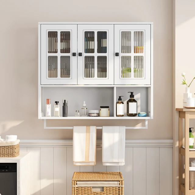 Main image of Bathroom Wall Cabinet, 3-Door Wooden Wall Cabinet with Open and Hidden Storage Space, Medicine Cabinet with Glass Door and Towel Bar for Entryway Living Room Bathroom Dining Room,White