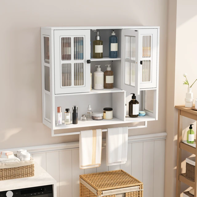 Alt view image 3 of 7 - Bathroom Wall Cabinet, 3-Door Wooden Wall Cabinet with Open and Hidden Storage Space, Medicine Cabinet with Glass Door and Towel Bar for Entryway Living Room Bathroom Dining Room,White