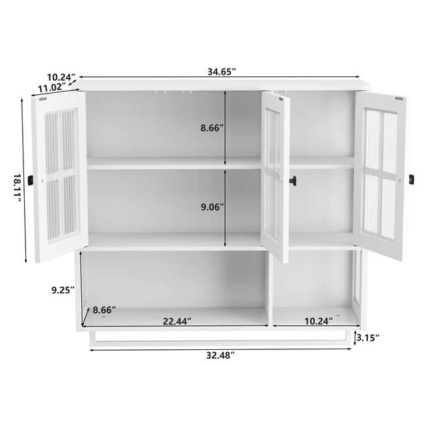 Alt view image 6 of 7 - Bathroom Wall Cabinet, 3-Door Wooden Wall Cabinet with Open and Hidden Storage Space, Medicine Cabinet with Glass Door and Towel Bar for Entryway Living Room Bathroom Dining Room,White