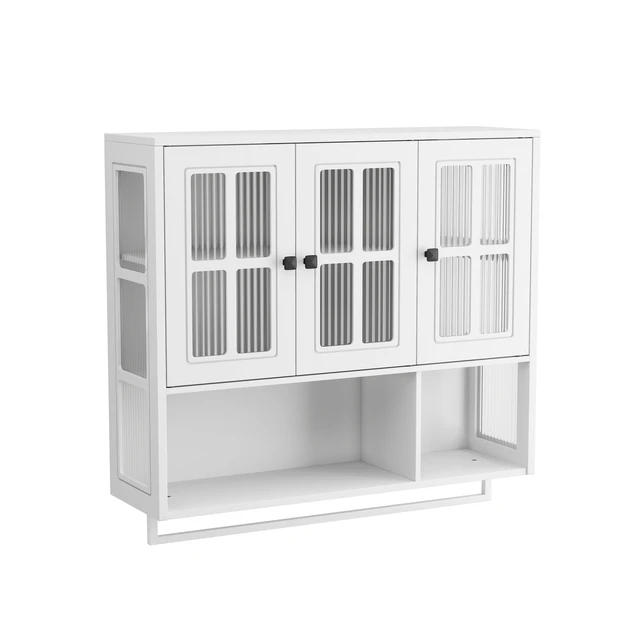 Alt view image 7 of 7 - Bathroom Wall Cabinet, 3-Door Wooden Wall Cabinet with Open and Hidden Storage Space, Medicine Cabinet with Glass Door and Towel Bar for Entryway Living Room Bathroom Dining Room,White