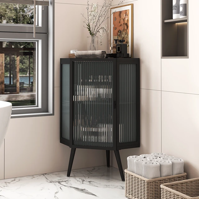 Alt view image 3 of 7 - 22.25" Floor Coner Cabinet with Tempered Glass Door & Storage Shelves for Bathroom, Living Room, Bedroom (Black)(same sku:W757130158)