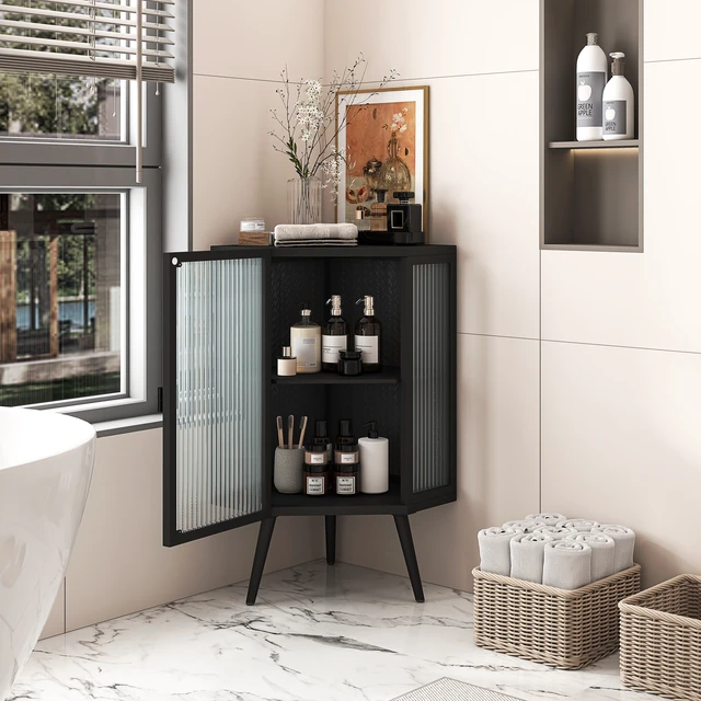 Alt view image 2 of 7 - 22.25" Floor Coner Cabinet with Tempered Glass Door & Storage Shelves for Bathroom, Living Room, Bedroom (Black)(same sku:W757130158)