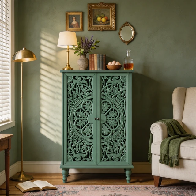 Alt view image 2 of 7 - Tall Accent Cabinet with Doors & Storage, Farmhouse Hollow Carved Double Door Display Cabinet with Adjustable Shelf & Turned Legs, Freestanding Decorative Cabinet for Entryway Living Room, Green
