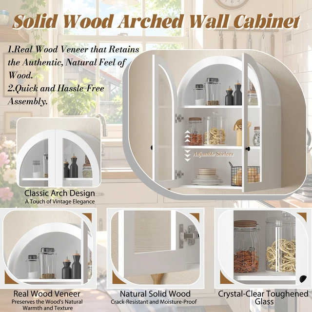 Alt view image 6 of 7 - Arched Wall Mounted Cabinet, Wood Veneer Wall Storage Cabinet with Tempered Glass Doors, Adjustable Shelf, Easy Hanging Hardware Included, Decorative Floating Wall Cabinet for Laundry Room, White