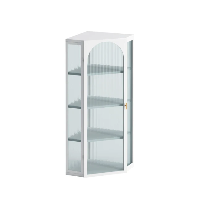 Alt view image 4 of 6 - Glass Door Wall Mounted Corner Cabinet with Featuring Four-tier Storage for Bedroom, Living Room, Bathroom, Kitchen, White(same sku:W757130160)