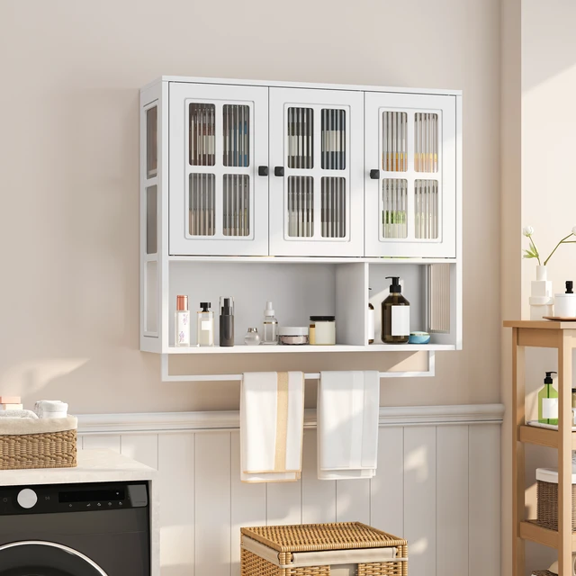 Alt view image 2 of 7 - Bathroom Wall Cabinet, 3-Door Wooden Wall Cabinet with Open and Hidden Storage Space, Medicine Cabinet with Glass Door and Towel Bar for Entryway Living Room Bathroom Dining Room,White