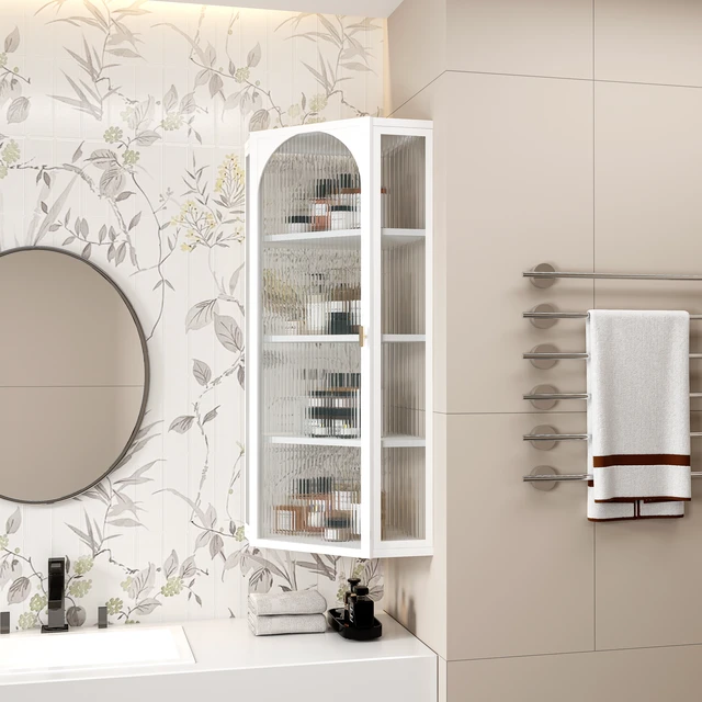 Alt view image 2 of 6 - Glass Door Wall Mounted Corner Cabinet with Featuring Four-tier Storage for Bedroom, Living Room, Bathroom, Kitchen, White(same sku:W757130160)