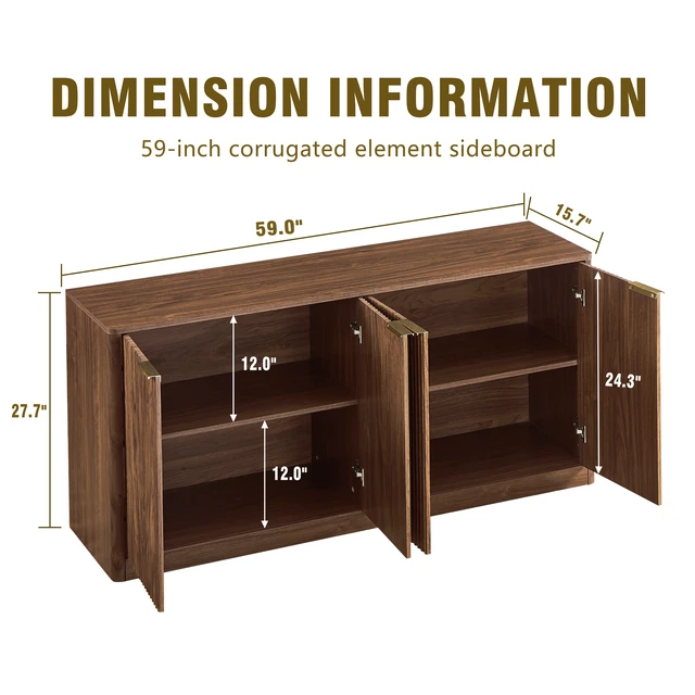 Alt view image 6 of 7 - 59-inch modern wavy sideboard, curved contour design storage cabinet, 4-door cabinet with storage function, suitable for kitchen/bedroom/living room, Walnut, 59.0"L x 15.7"W x 27.7"H