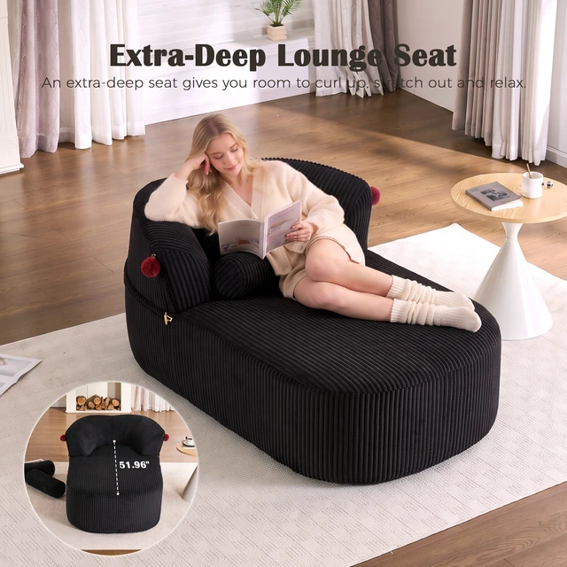 Alt view image 4 of 7 - Chaise Lounge Chair with 2 Neck Pillows, Curved Upholstered Accent Chair, Wide-Wale Corduroy Comfy Reading Chair, No Assembly Required, Modern Lounge Seating for Living Room, Bedroom & Apartment