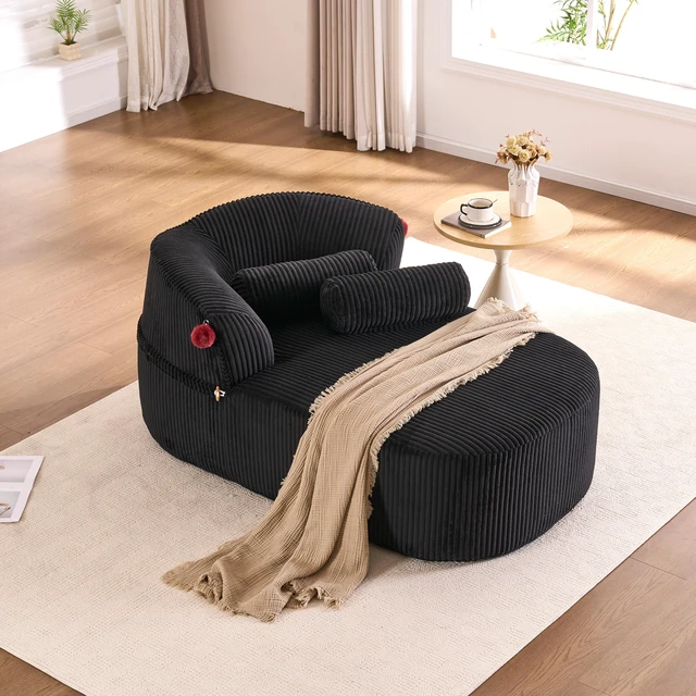 Main image of Chaise Lounge Chair with 2 Neck Pillows, Curved Upholstered Accent Chair, Wide-Wale Corduroy Comfy Reading Chair, No Assembly Required, Modern Lounge Seating for Living Room, Bedroom & Apartment