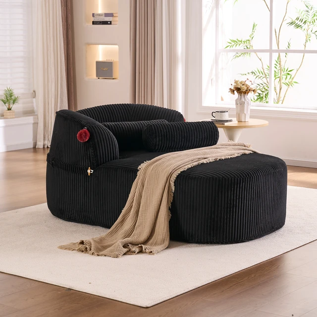 Alt view image 6 of 7 - Chaise Lounge Chair with 2 Neck Pillows, Curved Upholstered Accent Chair, Wide-Wale Corduroy Comfy Reading Chair, No Assembly Required, Modern Lounge Seating for Living Room, Bedroom & Apartment