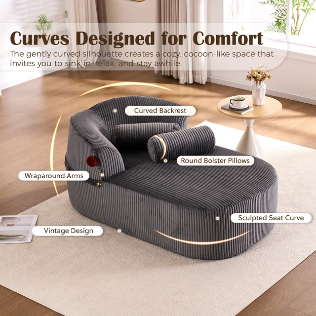 Alt view image 2 of 7 - Chaise Lounge Chair with 2 Neck Pillows, Curved Upholstered Accent Chair, Wide-Wale Corduroy Comfy Reading Chair, No Assembly Required, Modern Lounge Seating for Living Room, Bedroom & Apartment