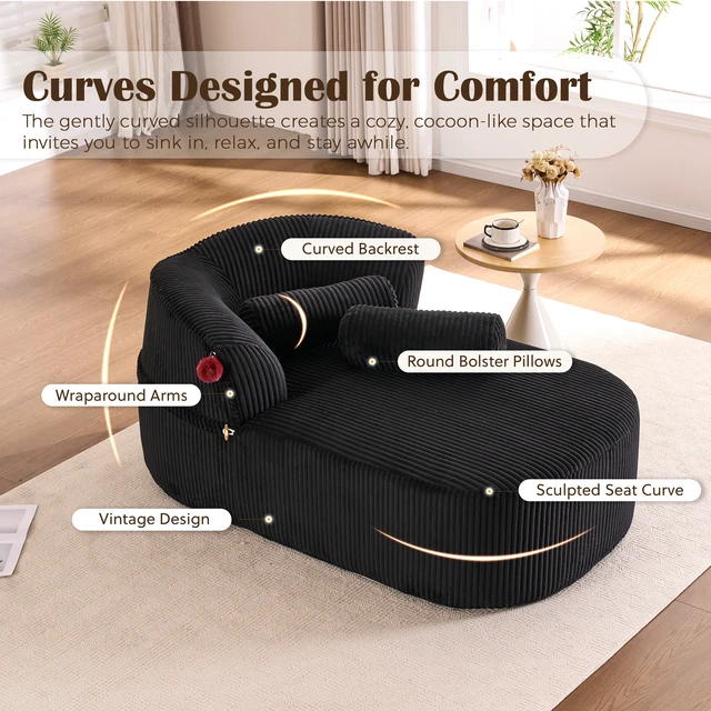 Alt view image 2 of 7 - Chaise Lounge Chair with 2 Neck Pillows, Curved Upholstered Accent Chair, Wide-Wale Corduroy Comfy Reading Chair, No Assembly Required, Modern Lounge Seating for Living Room, Bedroom & Apartment