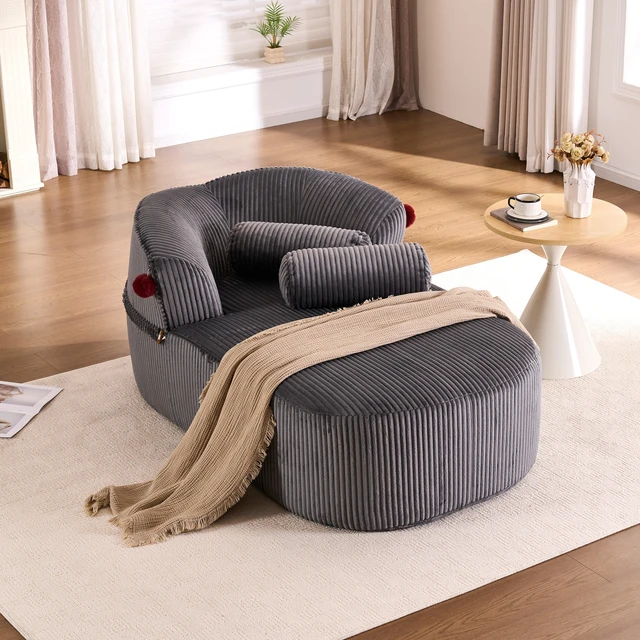Main image of Chaise Lounge Chair with 2 Neck Pillows, Curved Upholstered Accent Chair, Wide-Wale Corduroy Comfy Reading Chair, No Assembly Required, Modern Lounge Seating for Living Room, Bedroom & Apartment