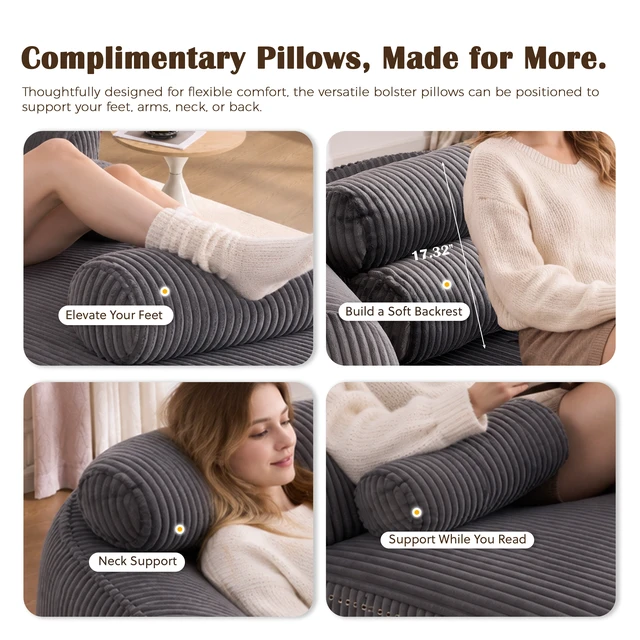 Alt view image 5 of 7 - Chaise Lounge Chair with 2 Neck Pillows, Curved Upholstered Accent Chair, Wide-Wale Corduroy Comfy Reading Chair, No Assembly Required, Modern Lounge Seating for Living Room, Bedroom & Apartment