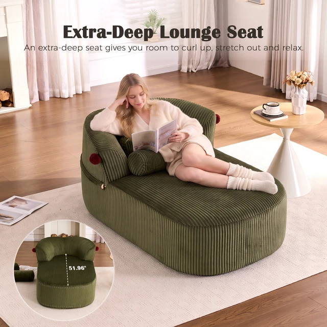 Alt view image 4 of 7 - Chaise Lounge Chair with 2 Neck Pillows, Curved Upholstered Accent Chair, Wide-Wale Corduroy Comfy Reading Chair, No Assembly Required, Modern Lounge Seating for Living Room, Bedroom & Apartment