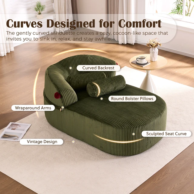 Alt view image 2 of 7 - Chaise Lounge Chair with 2 Neck Pillows, Curved Upholstered Accent Chair, Wide-Wale Corduroy Comfy Reading Chair, No Assembly Required, Modern Lounge Seating for Living Room, Bedroom & Apartment