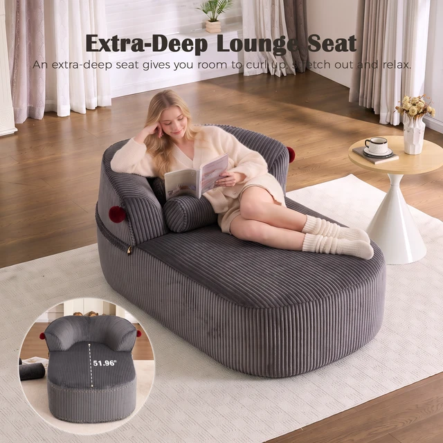 Alt view image 4 of 7 - Chaise Lounge Chair with 2 Neck Pillows, Curved Upholstered Accent Chair, Wide-Wale Corduroy Comfy Reading Chair, No Assembly Required, Modern Lounge Seating for Living Room, Bedroom & Apartment