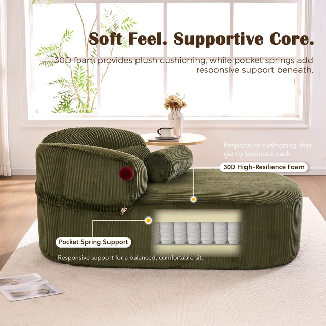Alt view image 6 of 7 - Chaise Lounge Chair with 2 Neck Pillows, Curved Upholstered Accent Chair, Wide-Wale Corduroy Comfy Reading Chair, No Assembly Required, Modern Lounge Seating for Living Room, Bedroom & Apartment