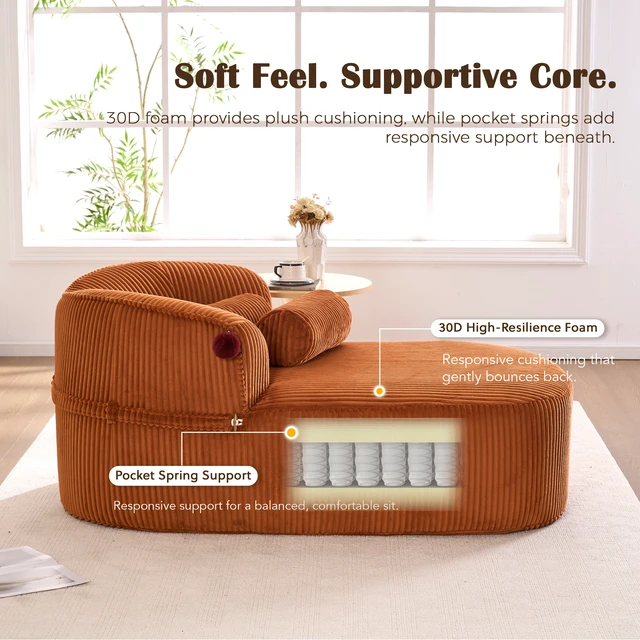 Alt view image 6 of 7 - Chaise Lounge Chair with 2 Neck Pillows, Curved Upholstered Accent Chair, Wide-Wale Corduroy Comfy Reading Chair, No Assembly Required, Modern Lounge Seating for Living Room, Bedroom & Apartment