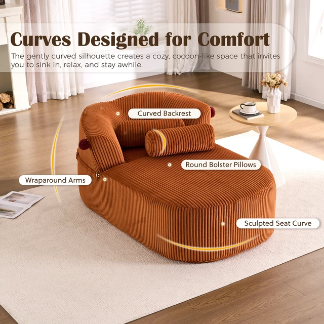 Alt view image 2 of 7 - Chaise Lounge Chair with 2 Neck Pillows, Curved Upholstered Accent Chair, Wide-Wale Corduroy Comfy Reading Chair, No Assembly Required, Modern Lounge Seating for Living Room, Bedroom & Apartment