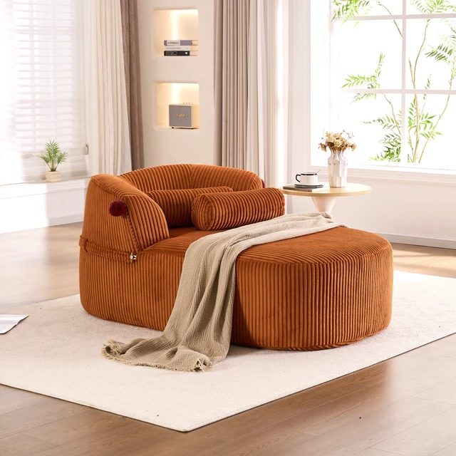 Alt view image 7 of 7 - Chaise Lounge Chair with 2 Neck Pillows, Curved Upholstered Accent Chair, Wide-Wale Corduroy Comfy Reading Chair, No Assembly Required, Modern Lounge Seating for Living Room, Bedroom & Apartment