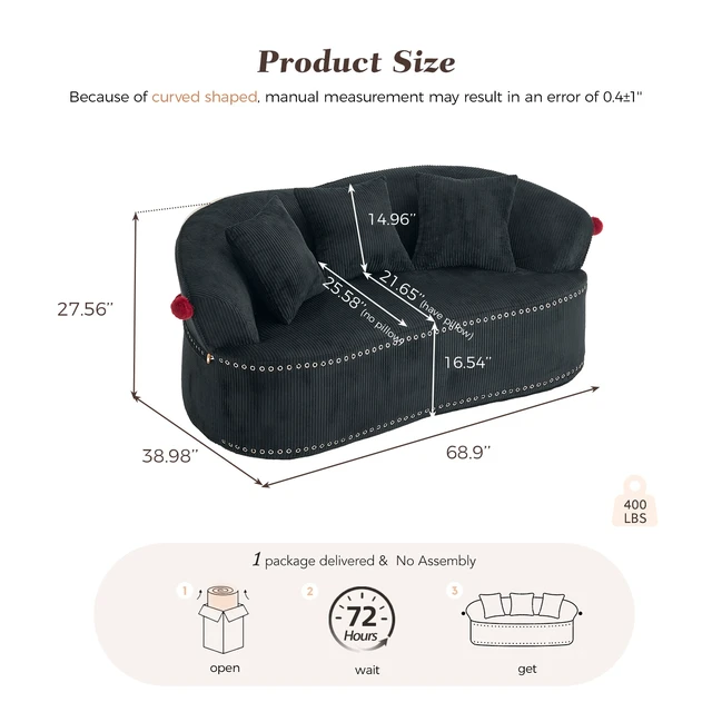 Alt view image 2 of 7 - 68.9'' Curved boneless Loveseat Sofa for Living Room, Vintage Couch Corduroy Sofa for Small Spaces, Apartment, Chesterfield Sofa, Free Pet Mat, No Assembly, 3 Pillows, Black