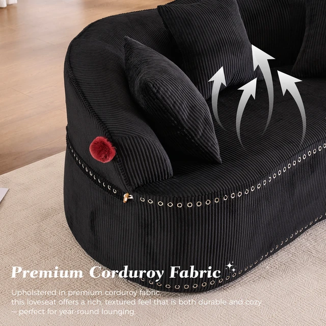 Alt view image 4 of 7 - 68.9'' Curved boneless Loveseat Sofa for Living Room, Vintage Couch Corduroy Sofa for Small Spaces, Apartment, Chesterfield Sofa, Free Pet Mat, No Assembly, 3 Pillows, Black
