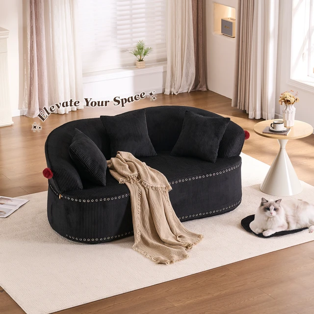 Alt view image 6 of 7 - 68.9'' Curved boneless Loveseat Sofa for Living Room, Vintage Couch Corduroy Sofa for Small Spaces, Apartment, Chesterfield Sofa, Free Pet Mat, No Assembly, 3 Pillows, Black