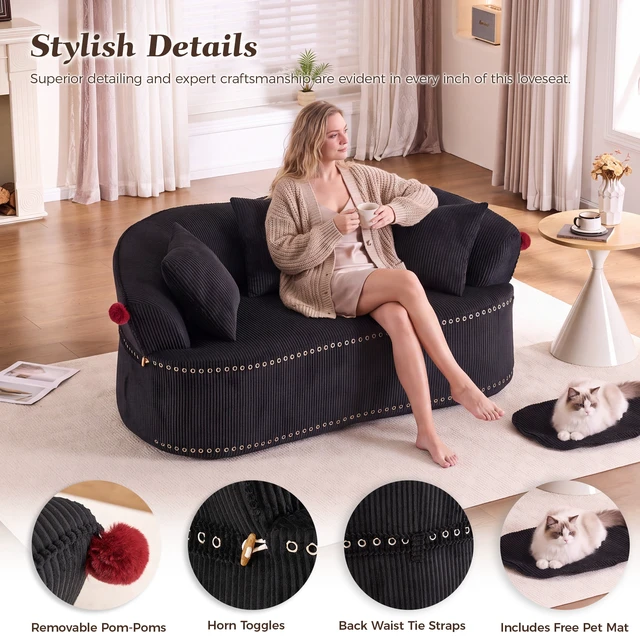 Alt view image 5 of 7 - 68.9'' Curved boneless Loveseat Sofa for Living Room, Vintage Couch Corduroy Sofa for Small Spaces, Apartment, Chesterfield Sofa, Free Pet Mat, No Assembly, 3 Pillows, Black