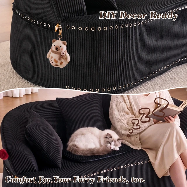 Alt view image 7 of 7 - 68.9'' Curved boneless Loveseat Sofa for Living Room, Vintage Couch Corduroy Sofa for Small Spaces, Apartment, Chesterfield Sofa, Free Pet Mat, No Assembly, 3 Pillows, Black