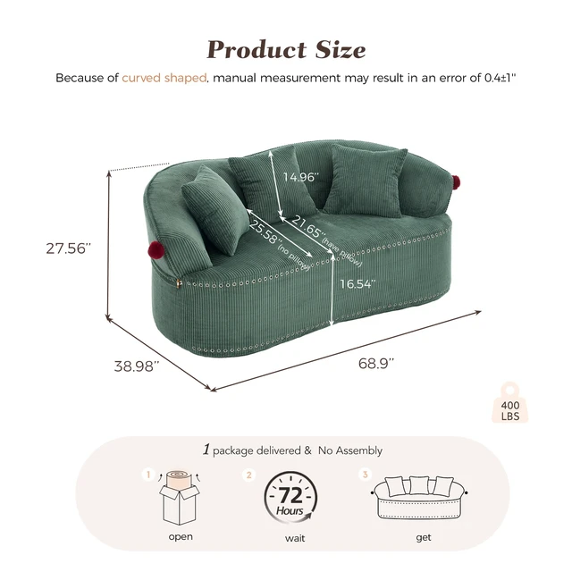 Alt view image 2 of 7 - 68.9'' Curved boneless Loveseat Sofa for Living Room, Vintage Couch Corduroy Sofa for Small Spaces, Apartment, Chesterfield Sofa, Free Pet Mat, No Assembly, 3 Pillows,Misty Green