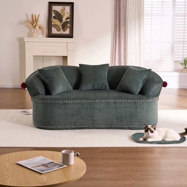 Alt view image 3 of 7 - 68.9'' Curved boneless Loveseat Sofa for Living Room, Vintage Couch Corduroy Sofa for Small Spaces, Apartment, Chesterfield Sofa, Free Pet Mat, No Assembly, 3 Pillows,Misty Green