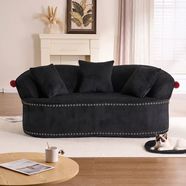 Alt view image 3 of 7 - 68.9'' Curved boneless Loveseat Sofa for Living Room, Vintage Couch Corduroy Sofa for Small Spaces, Apartment, Chesterfield Sofa, Free Pet Mat, No Assembly, 3 Pillows, Black